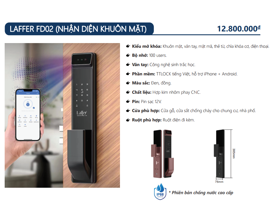 Khóa cửa gỗ chính vân tay 6 in 1 - LAFFER FD02 (Nhận diện khuôn mặt)