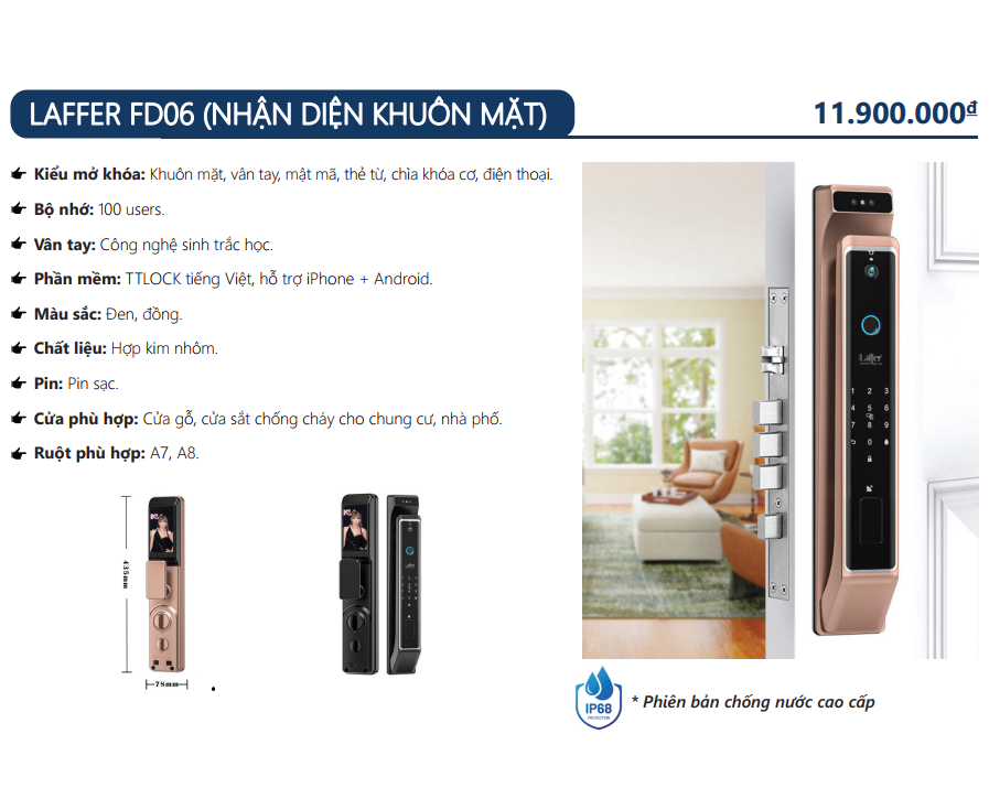 Khóa cửa gỗ chính vân tay 6 in 1 - LAFFER FD06 (Nhận diện khuôn mặt)