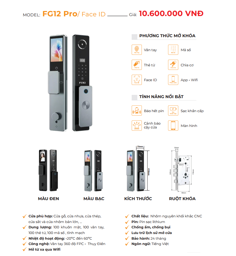 Khóa cửa gỗ FUKI FG12 Pro - FACE ID