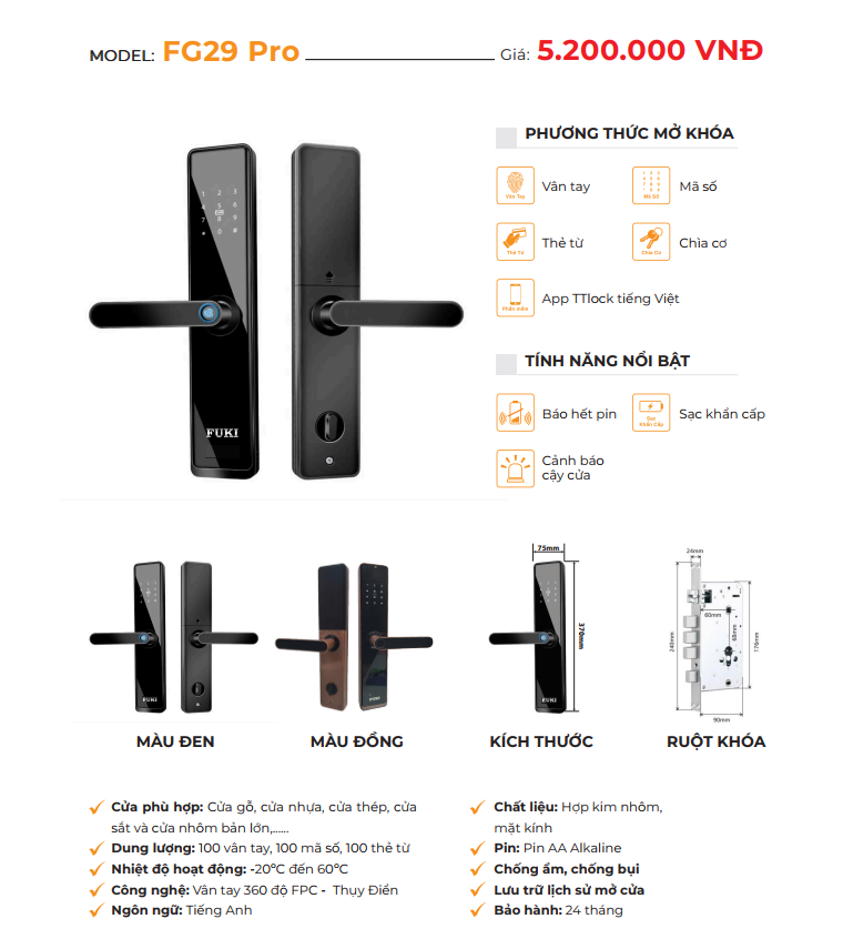 Khóa cửa gỗ FUKI FG29 Pro
