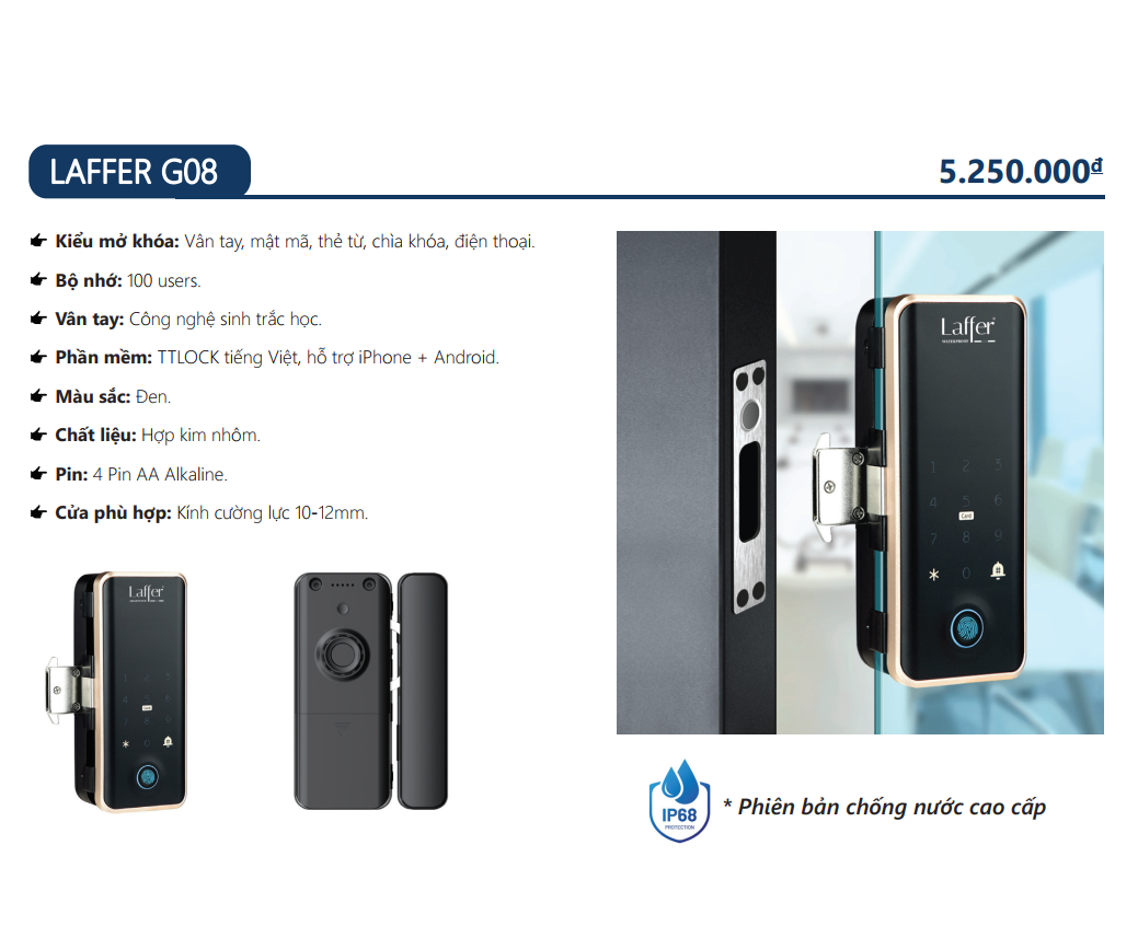 Khóa cửa kính vân tay 5 in 1 - LAFFER G08