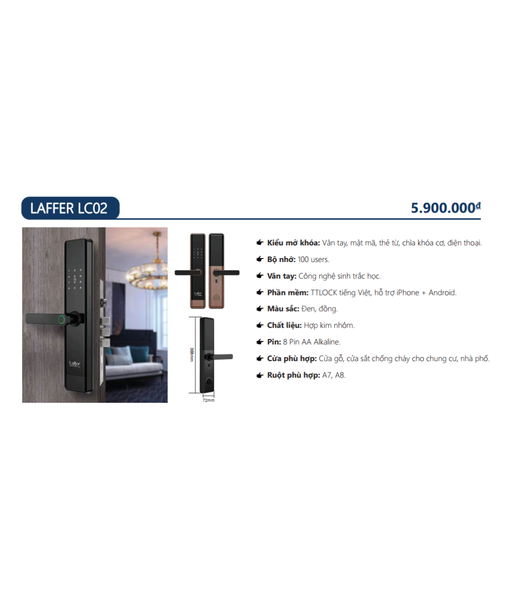 Khóa cửa gỗ chính vân tay 5 in 1 - LAFFER LC02 