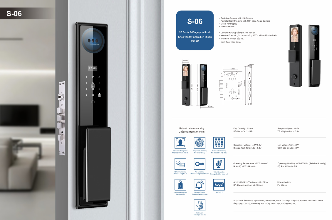 Khóa cửa gỗ 3D nhận diện khuôn mặt JW - S06