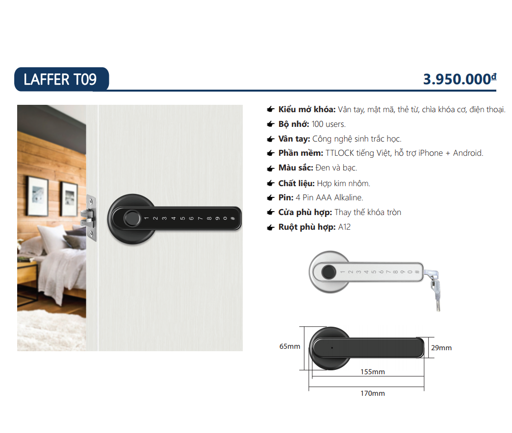 Khóa cửa vân tay thay thế khóa tròn - LAFFER T09