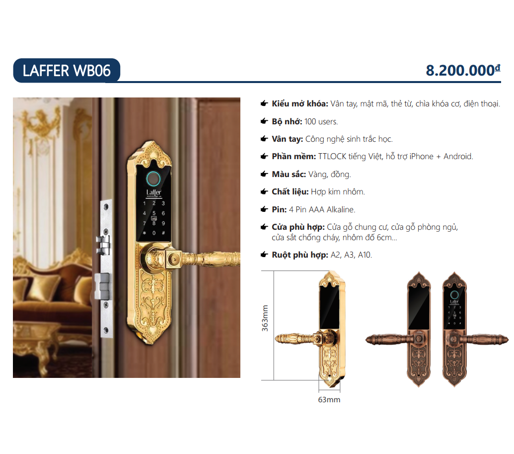 Khóa cửa biệt thự vân tay 5 in 1 - LAFFER WB06