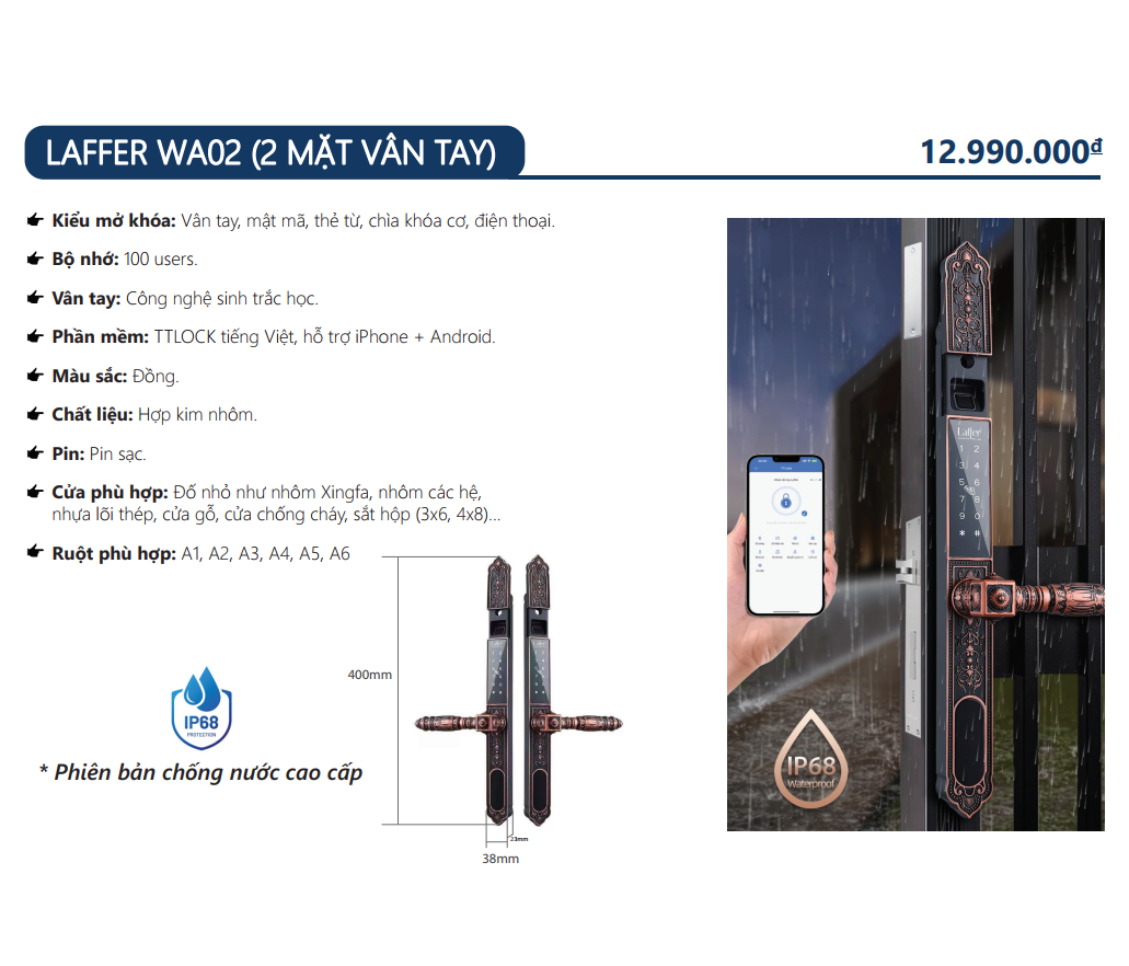 Khóa cửa biệt thự vân tay 5 in 1- LAFFER WA02 (2 mặt vân tay)