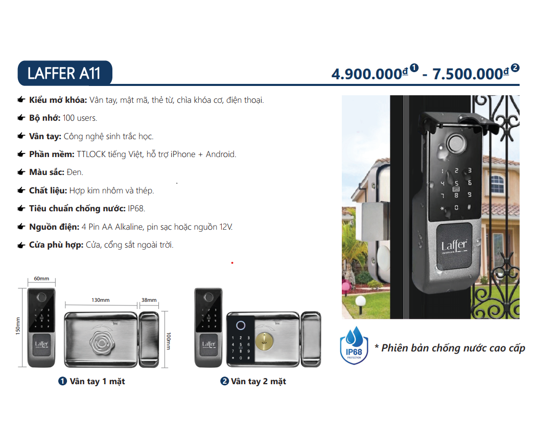 Khóa cửa cổng ngoài trời vân tay 5 in 1 - LAFFER A11 (Vân tay 2 mặt)