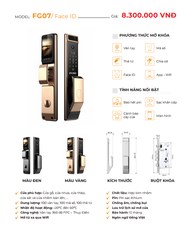 Khóa cửa gỗ FUKI FG07 - FACE ID