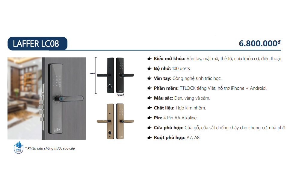 Khóa cửa gỗ chính vân tay 5 in 1 - LAFFER LC08