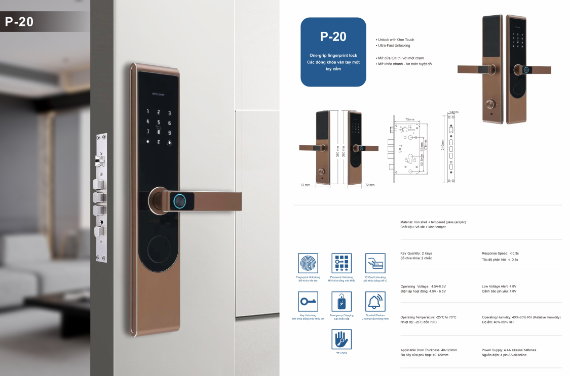 Khóa vân tay cửa gỗ JW - P20