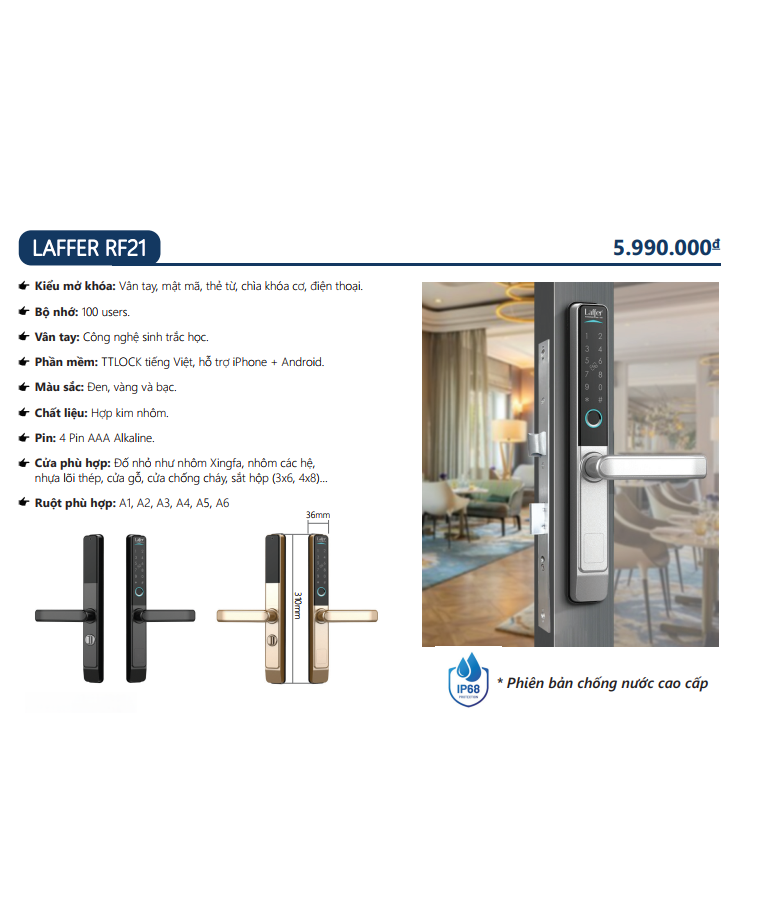 Khóa cửa nhôm vân tay 5 in 1 - LAFFER RF21