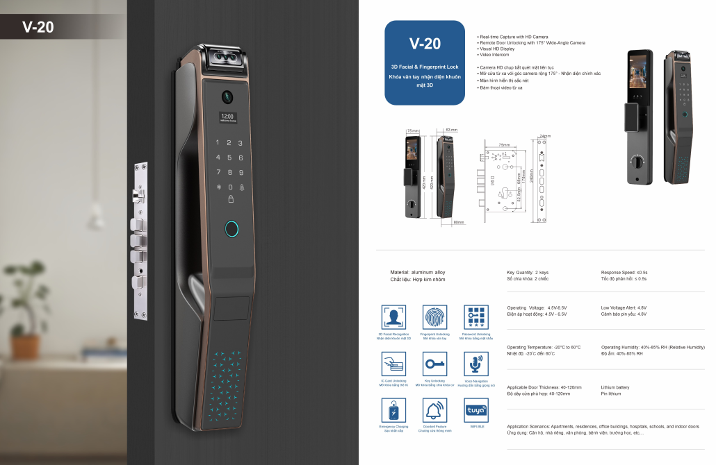 Khóa cửa gỗ 3D nhận diện khuôn mặt JW - V20