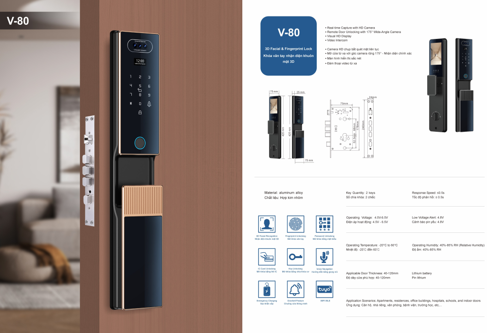 Khóa cửa gỗ 3D nhận diện khuôn mặt JW - V80